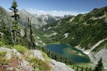 Lake Ann in glacial cirque w/ Whistler Mtn on left skyline, Liberty Bell bkgnd (view east fr near Maple Pass)