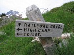 Railroad Grade trail sign in Showy Sedge meadow w/ Mt. Baker bkgnd