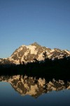 Mt. Shuksan reflected in Picture Lake near sunset w/ Mountain Hemlock silhouettes