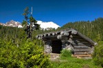 Mazama Park shelter w/ Mountain Hemlocks, Yellow Cedars, view to Mt. Baker